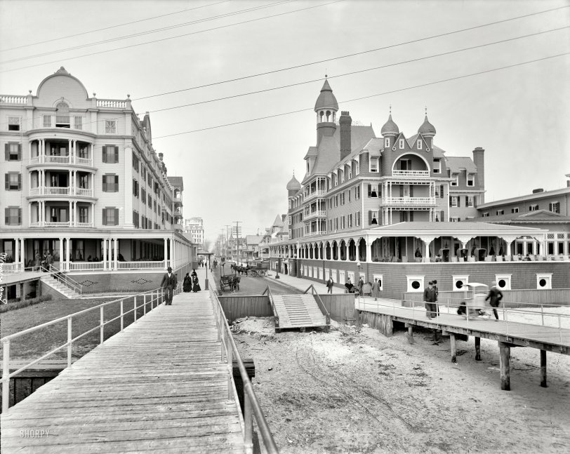 The Jersey Shore circa 1900. "Hotel Windsor, Atlantic City." At left, the Traymore. 8x10 inch dry plate glass negative, Detroit Publishing Company. View full size.
