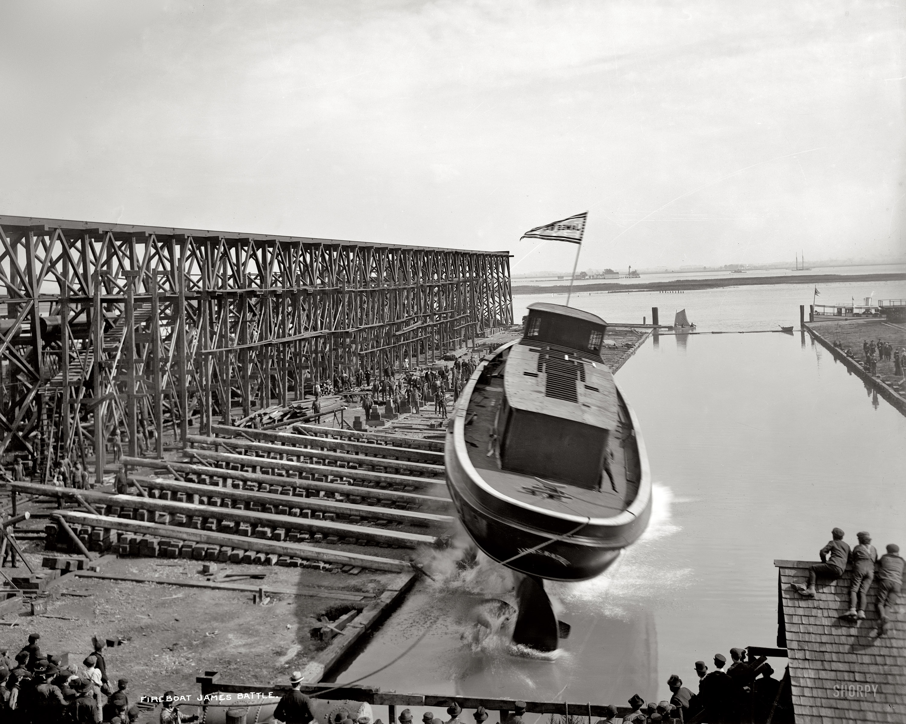 October 13, 1900. Wyandotte, Michigan. "Launch of fire boat James Battle." 8x10 inch dry plate glass negative, Detroit Publishing Company. View full size.