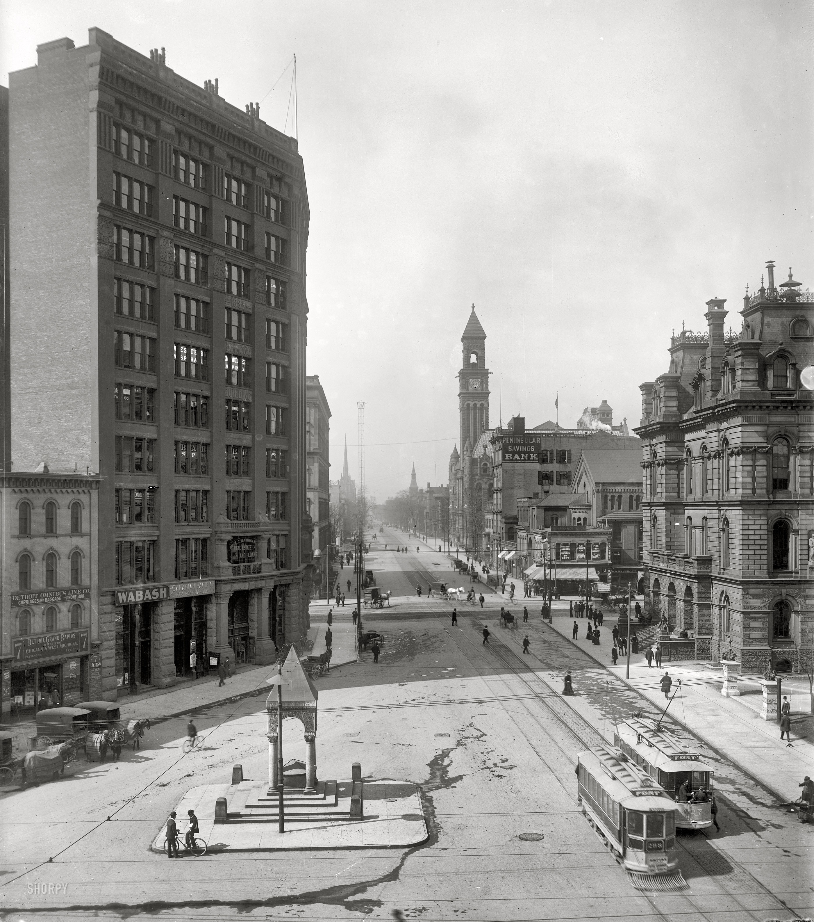 Circa 1890s. "Campus Martius, Detroit." Down the street, a "moonlight tower" arc-lamp stanchion. Detroit Publishing Co. glass negative. View full size.
