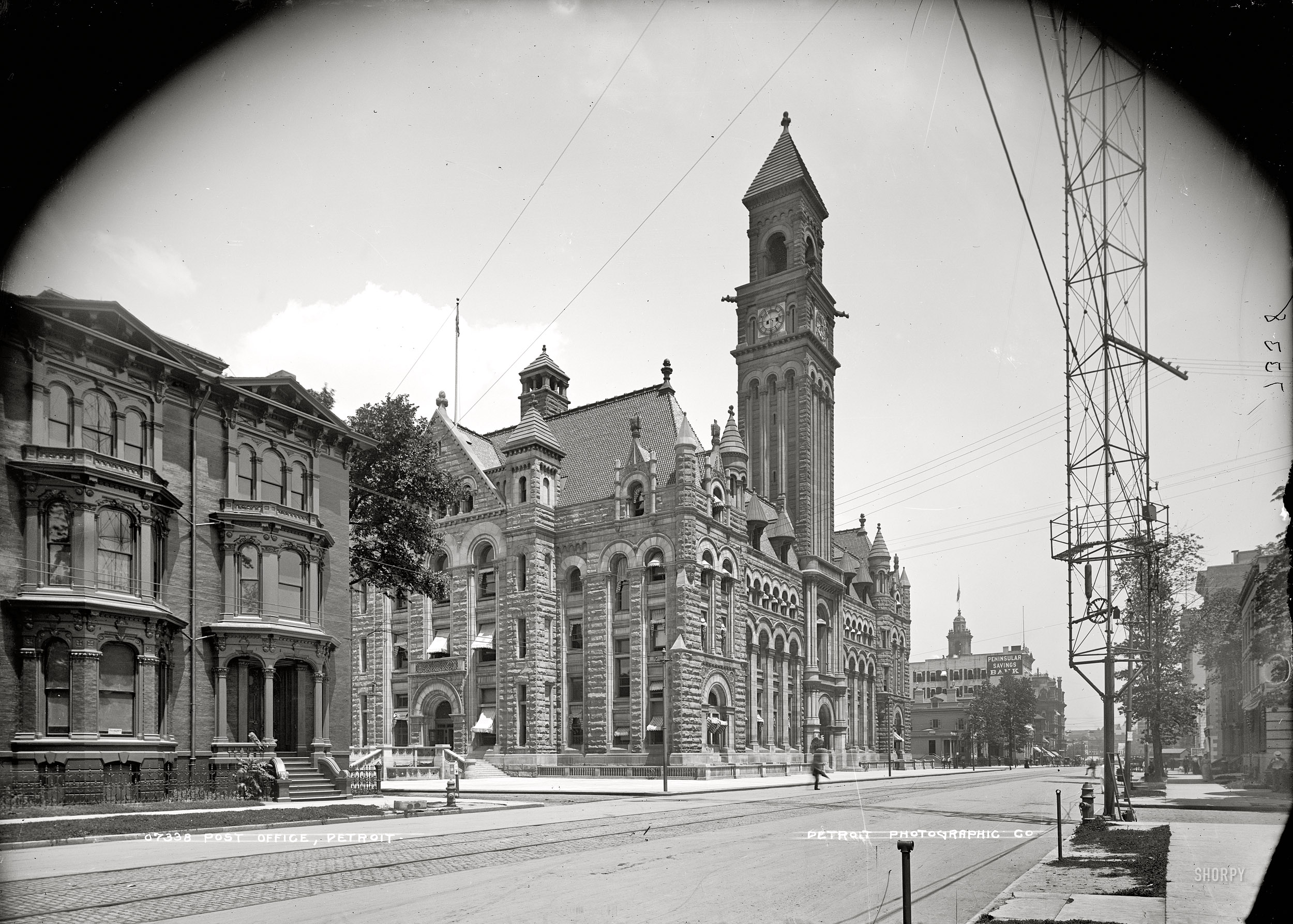 Circa 1897. "Post Office, Detroit." Sign on utility pole: "Please do not spit on the sidewalk." 8x10 glass negative, Detroit Publishing Co. View full size.