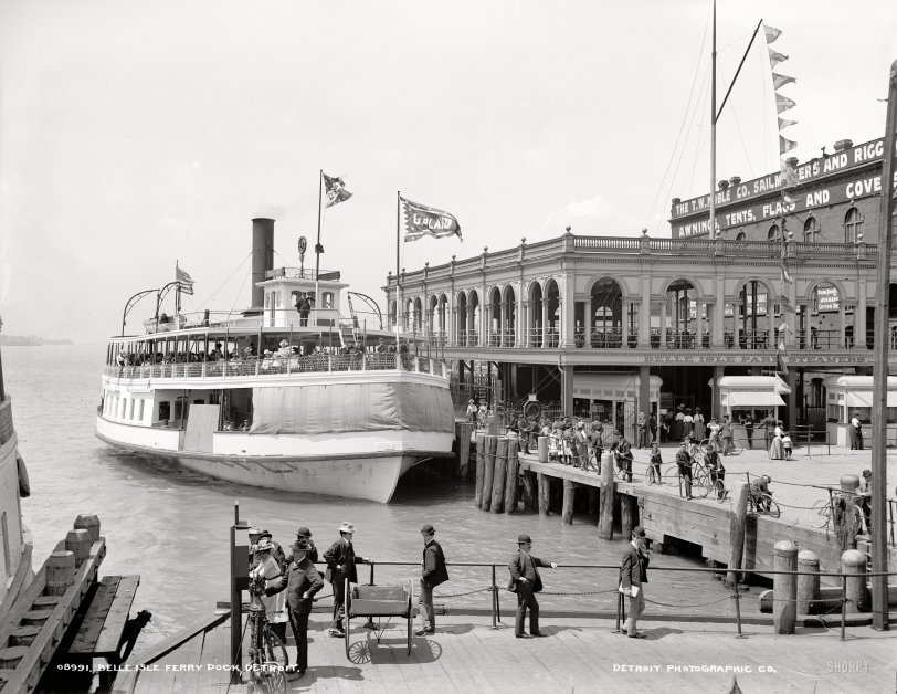 Circa 1905. "Belle Isle Park ferry dock, Detroit." The steamer Garland at the dock. Detroit Publishing Company glass negative. View full size.
