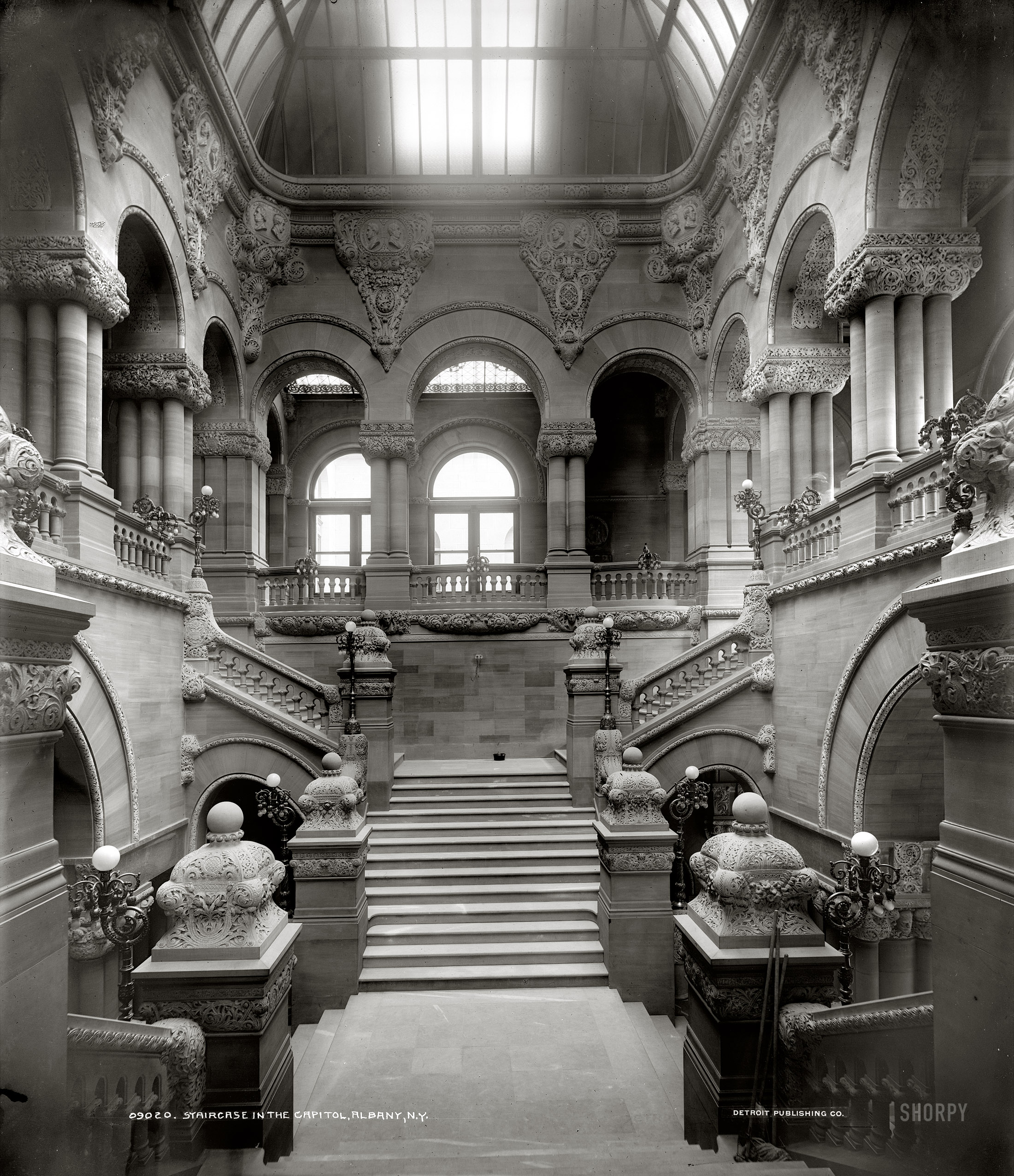 Albany, New York, circa 1905. "Staircase in the Capitol." A glimpse into the corridors of power. Harris & Ewing Collection glass negative. View full size.