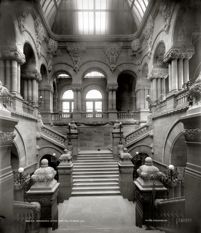 Albany, New York, circa 1905. "Staircase in the Capitol." A glimpse into the corridors of power. Harris &amp; Ewing Collection glass negative. View full size.
