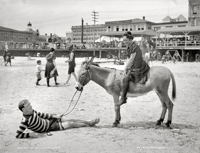 The Jersey shore circa 1905. "At Atlantic City." Please watch where you walk. Dry plate glass negative, Detroit Publishing Company. View full size.
