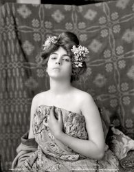 Circa 1900. "Amorita." The beguiling lass previously seen in the guise of Thisbe, now more exotically trimmed. Detroit Publishing glass negative. View full size.
