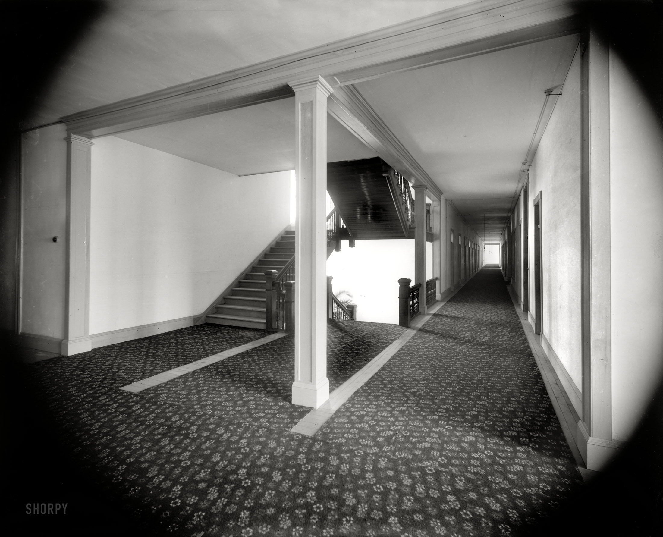 Put-In Bay, Ohio, circa 1898. "Hotel Victory corridor." A door slammed. The maid screamed. 8x10 inch glass negative, Detroit Publishing Co. View full size.