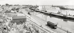 Los Angeles, California, circa 1899. "The Harbor at San Pedro." A panoramic view made from two Detroit Publishing glass negatives. View full size.
