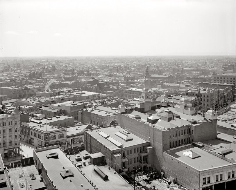 Circa 1899. "General view, Los Angeles." The lefthand section of a three-frame panoramic set. (The middle section, alas, is not available in high resolution.) Detroit Publishing Company glass negative. View full size.
