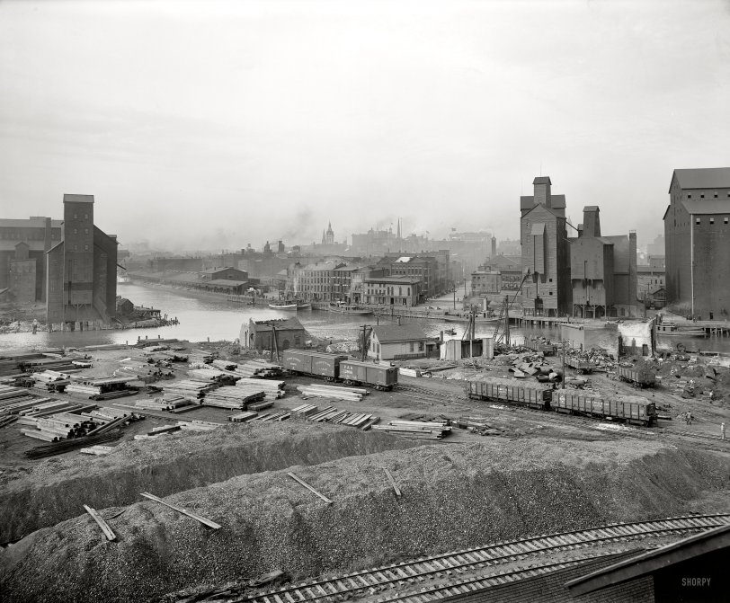 Circa 1900. "Buffalo, New York. Creek and elevators near foot of Main Street." Detroit Publishing Company glass negative. View full size.
