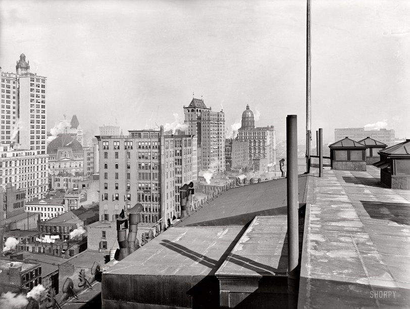 Manhattan circa 1900. "New York's business district from Woodbridge Building." Detroit Publishing glass negative. View full size. Just to the right of this view.
