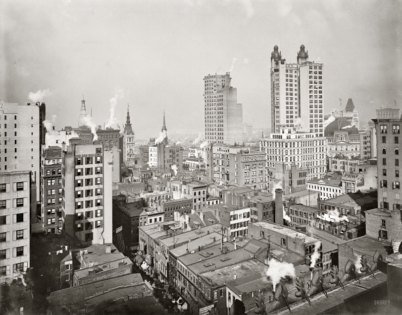 Circa 1900. "New York financial district from the Woodbridge Building." The Park Row building at right was the world's tallest office tower. View full size.
