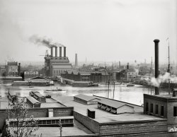 Circa 1903. "Baltimore from Federal Hill." A freight terminal (O'Donnell's Wharf) and the Patapsco flour mill.  Detroit Publishing Co. glass negative. View full size.