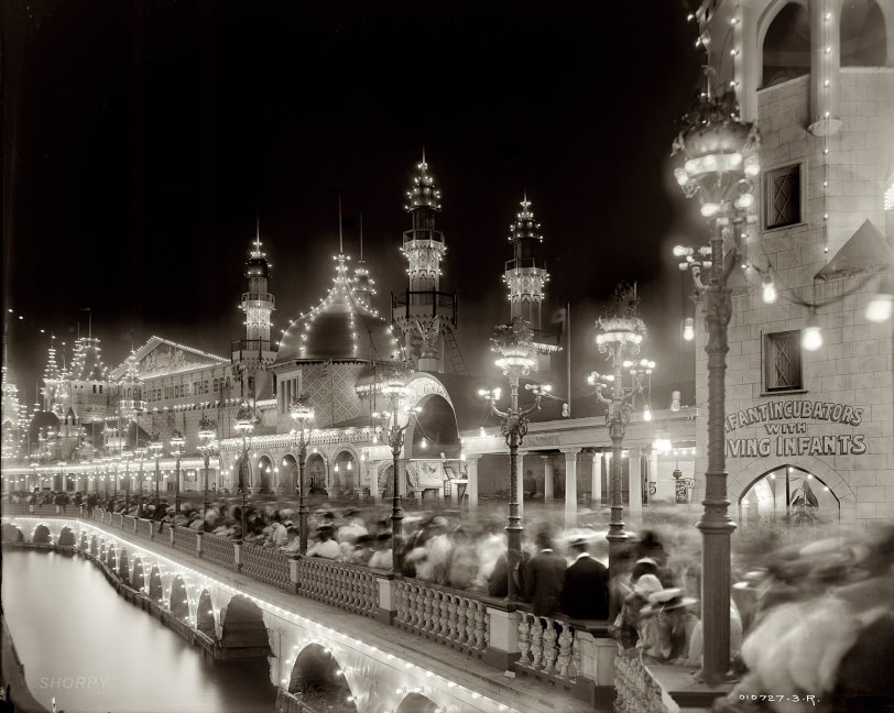 Luna Park at Coney Island circa 1905. Detroit Publishing Co. glass negative. Tonight only: "Infant incubators with living infants." View full size.
