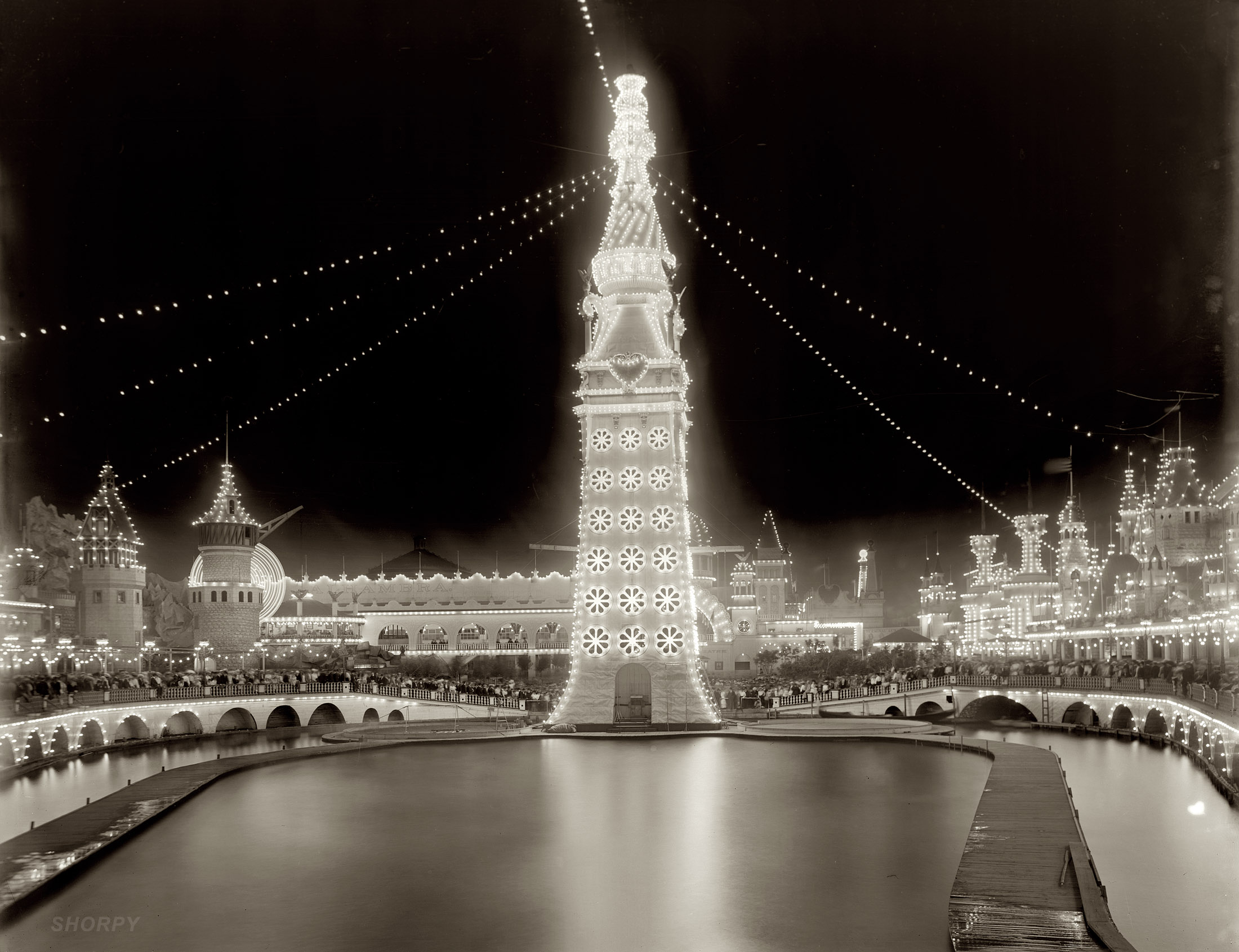 "Luna Park at Night." Coney Island circa 1905. Time exposure on an 8x10 glass negative. Detroit Publishing Company, Library of Congress. View full size.