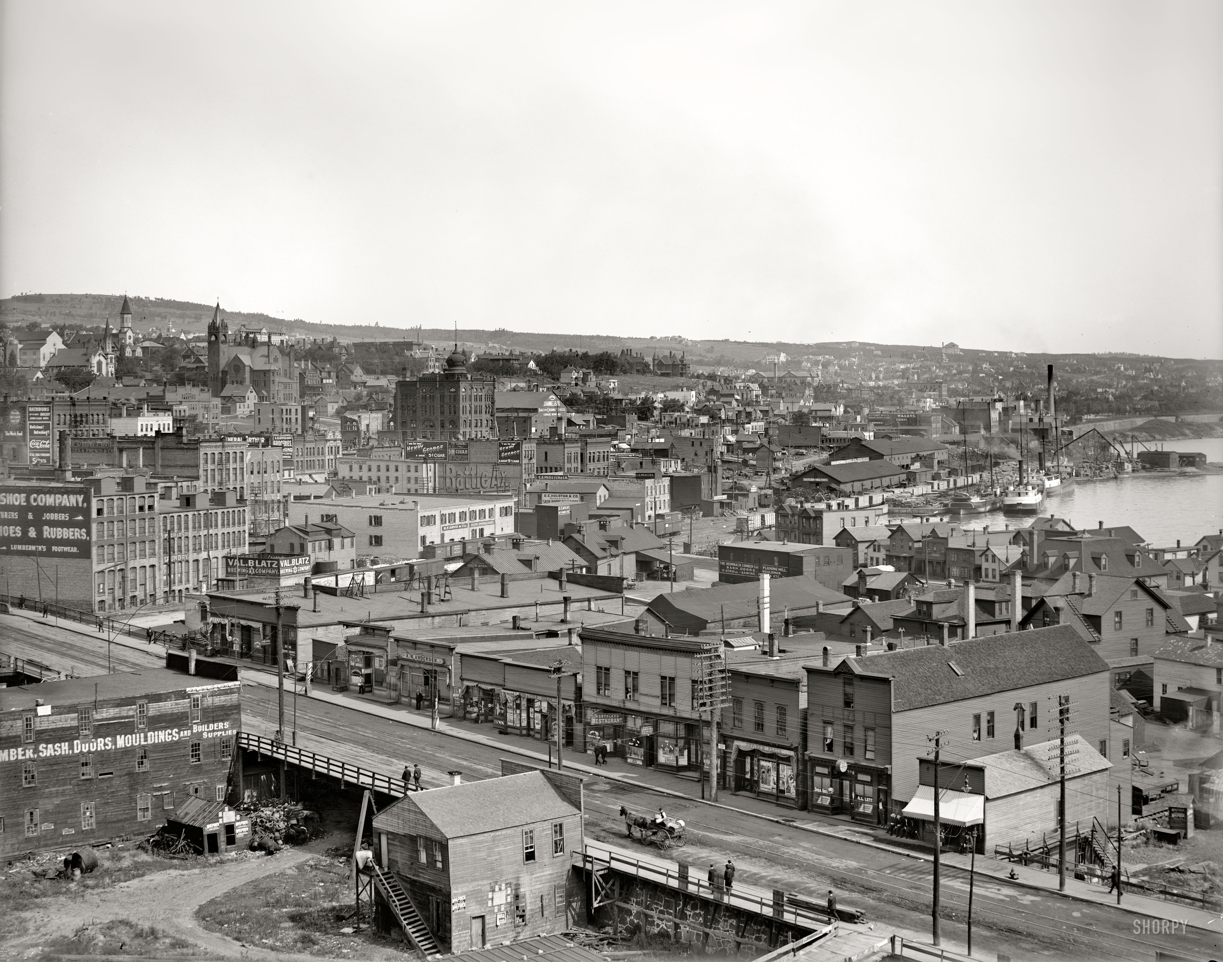 Circa 1905. Our latest installment from the Duluth, Minnesota, panoramic series. Anyone for a round of Blatz? Detroit Publishing glass negative. View full size.