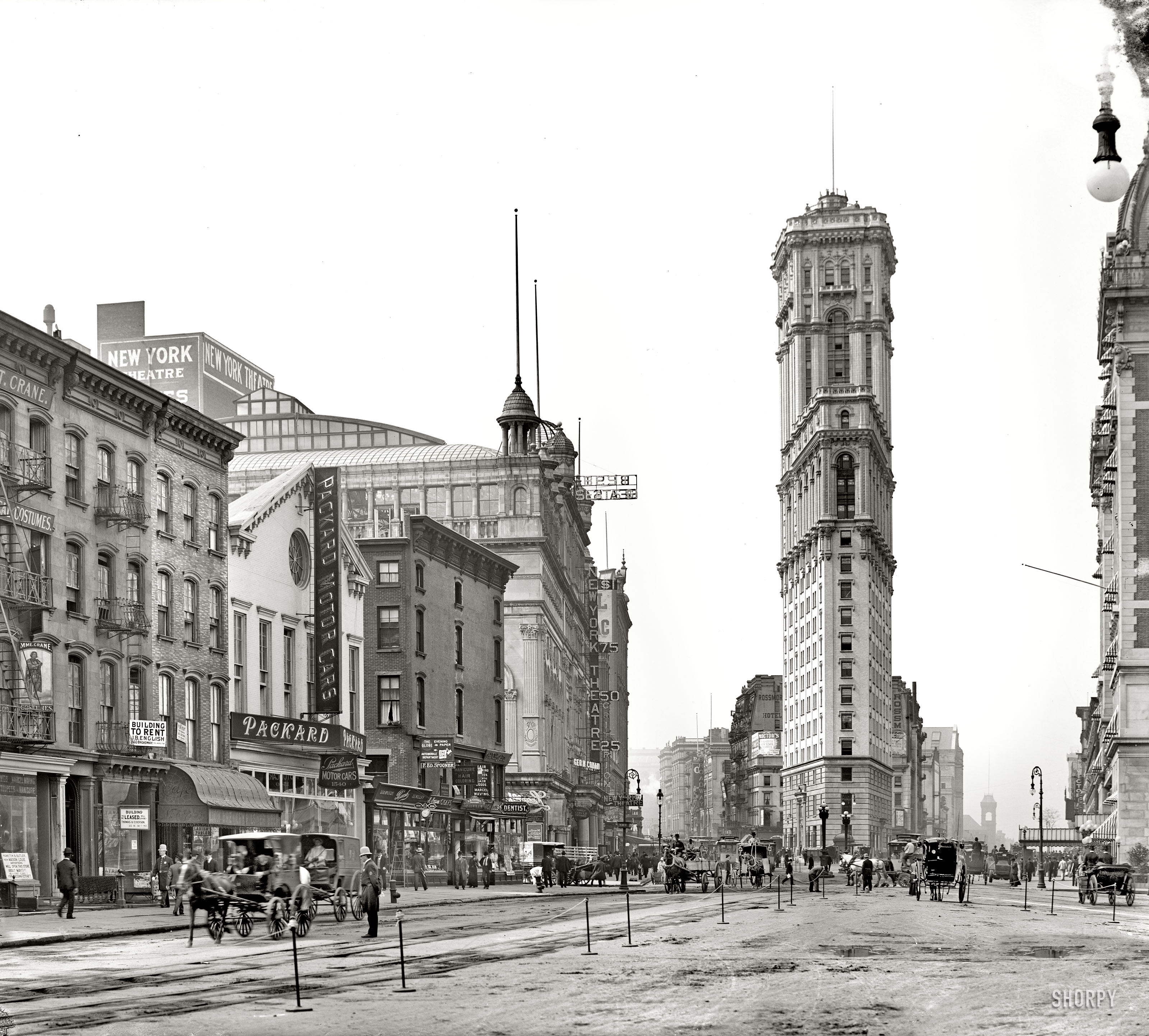 New York circa 1904. "Longacre Square." Soon to be renamed Times Square after the recently completed New York Times tower seen here. 8x10 inch dry plate glass negative, Detroit Publishing Company. View full size.