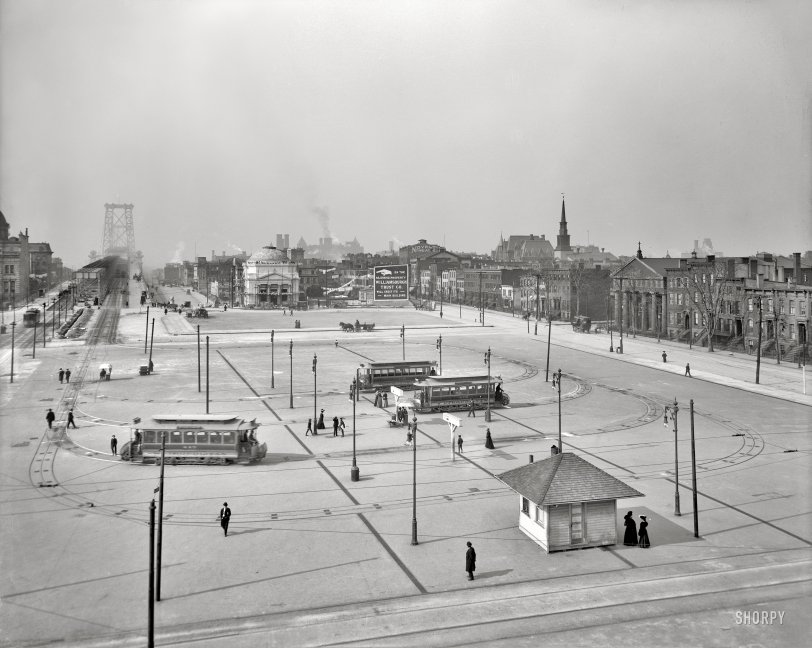 Brooklyn, New York, circa 1906. "Williamsburg Bridge Plaza." The second half of this view. 8x10 inch glass negative, Detroit Publishing Co. View full size.
