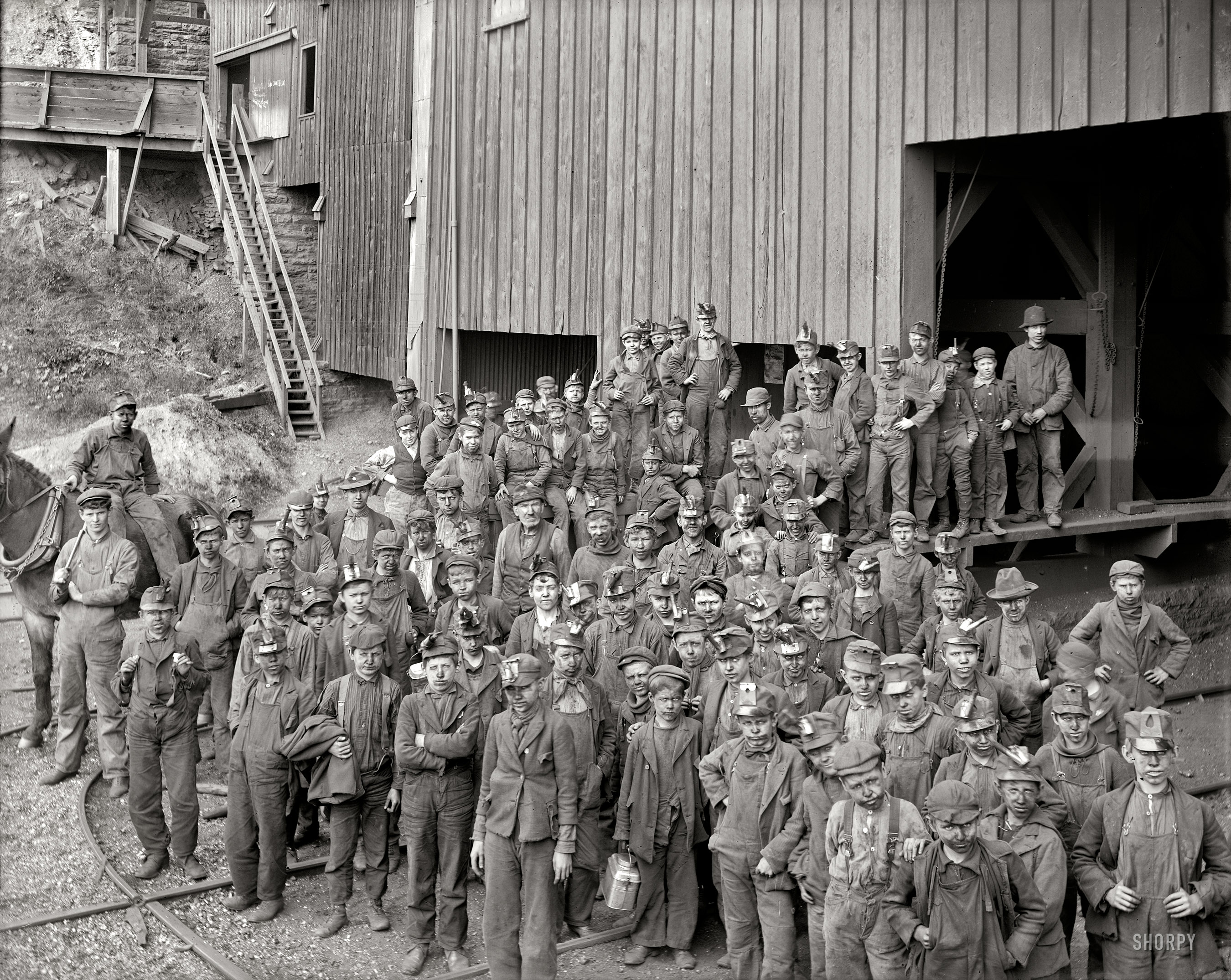 Kingston, Pennsylvania, circa 1900. "Breaker boys at Woodward coal breaker." 8x10 inch dry plate glass negative, Detroit Publishing Company. View full size.