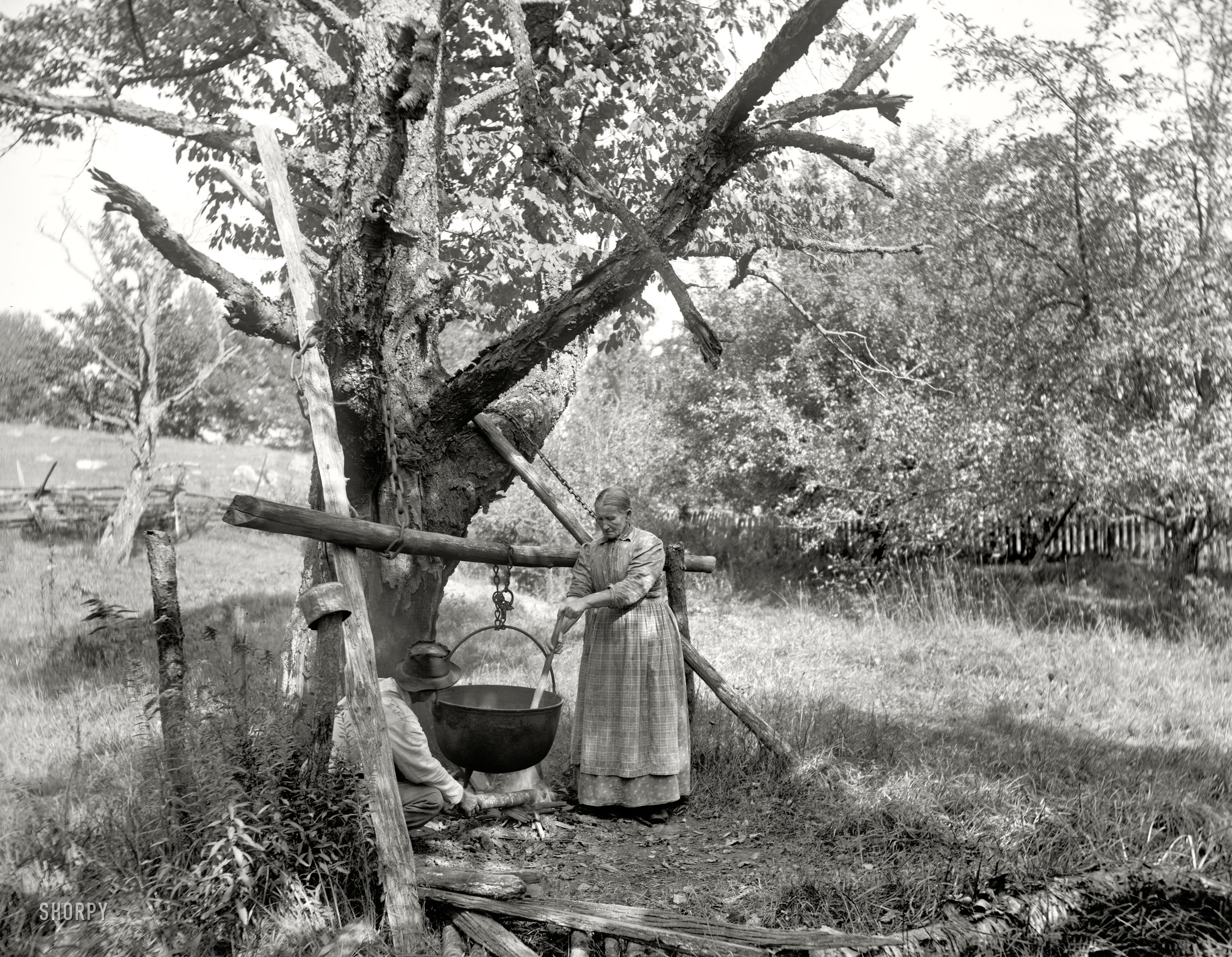 Circa 1900. "A bit of country life near Henryville, Pennsylvania -- making soap." 8x10 inch dry plate glass negative, Detroit Publishing Company. View full size.
