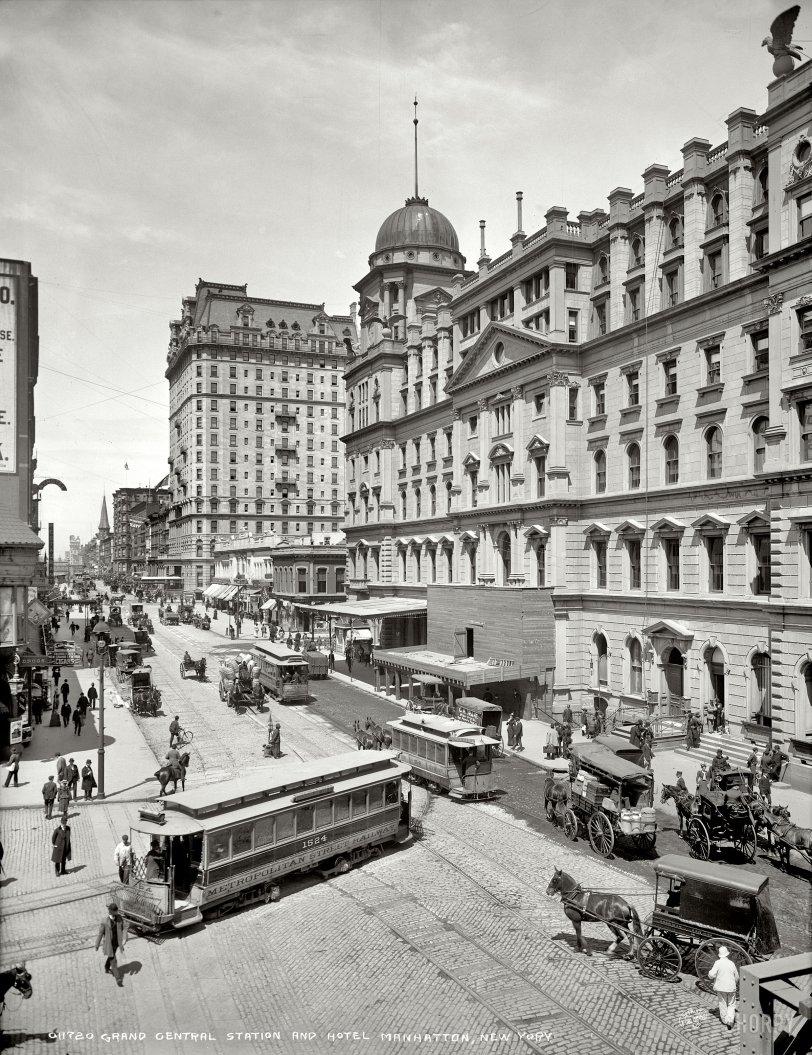 New York circa 1906. "Grand Central Station and Hotel Manhattan." The coming decade would see the replacement of this structure by the current Grand Central Terminal. Detroit Publishing Company glass negative. View full size.
