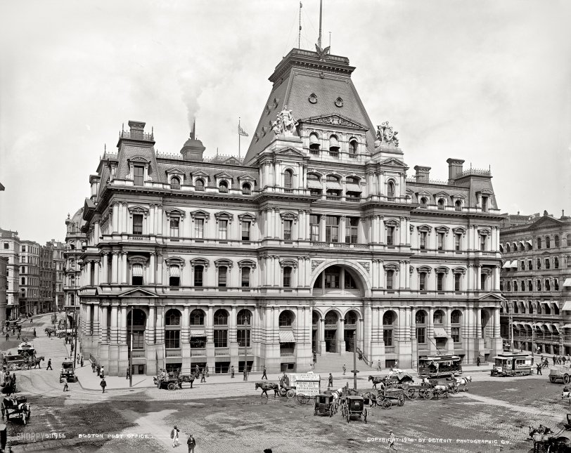 Continuing our circa 1900 tour of ever more grandiose public buildings: "Boston post office." With an enterprising exterminator's wagon out front. 8x10 inch dry plate glass negative, Detroit Publishing Company. View full size.
