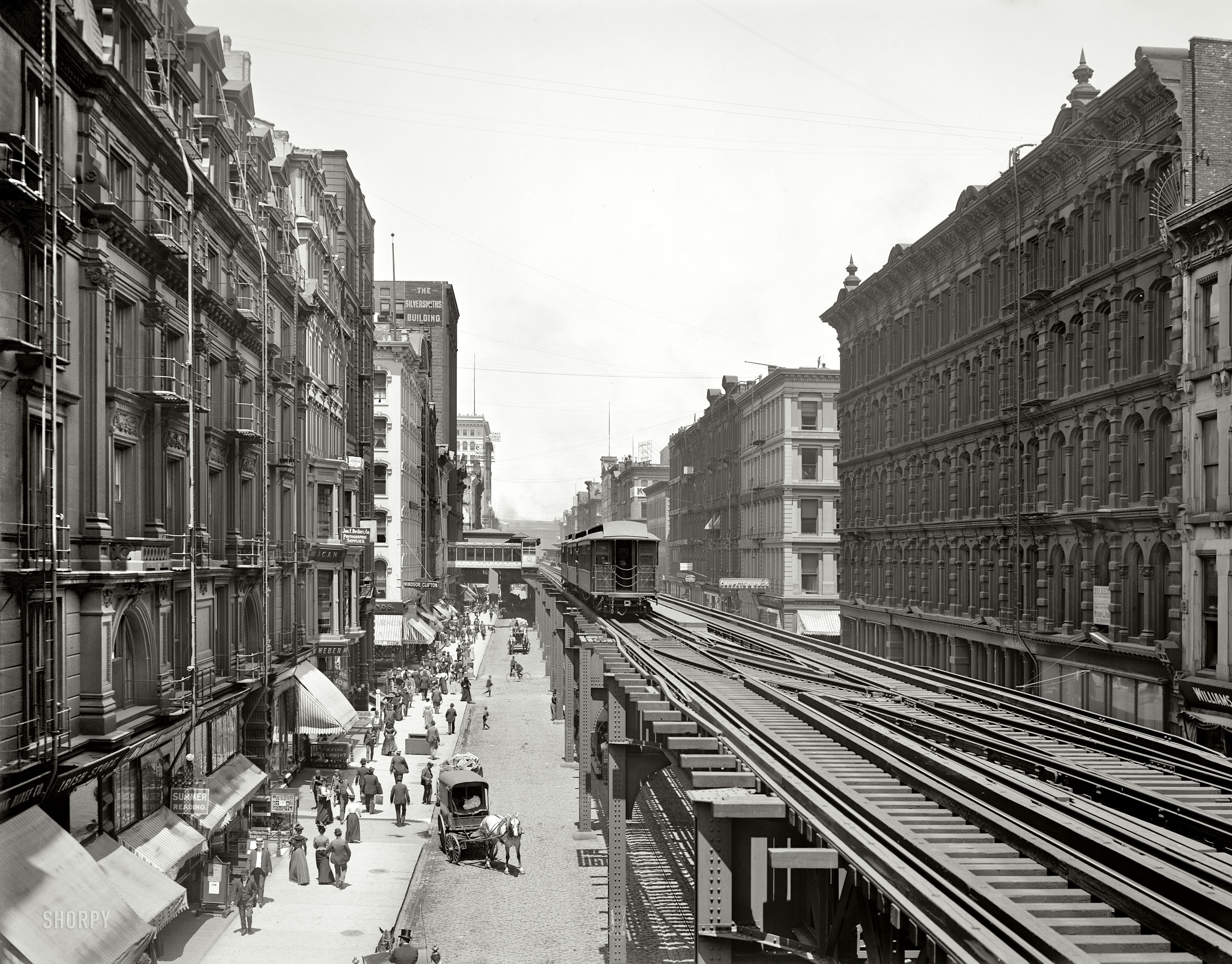 September 1, 1900. "Wabash Avenue north from Adams Street, Chicago." 8x10 inch dry plate glass negative, Detroit Publishing Company. View full size.