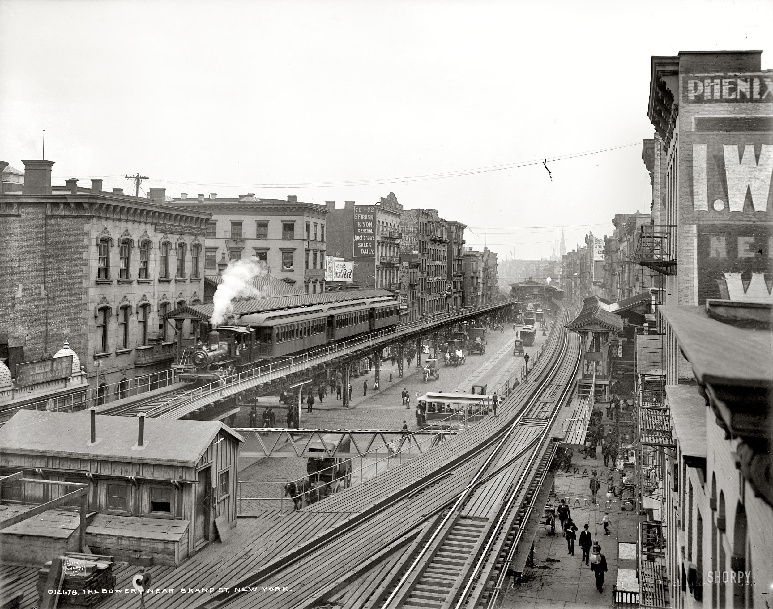 New York circa 1900. "The Bowery near Grand Street." 8x10 inch dry plate glass negative, Detroit Publishing Company. View full size.