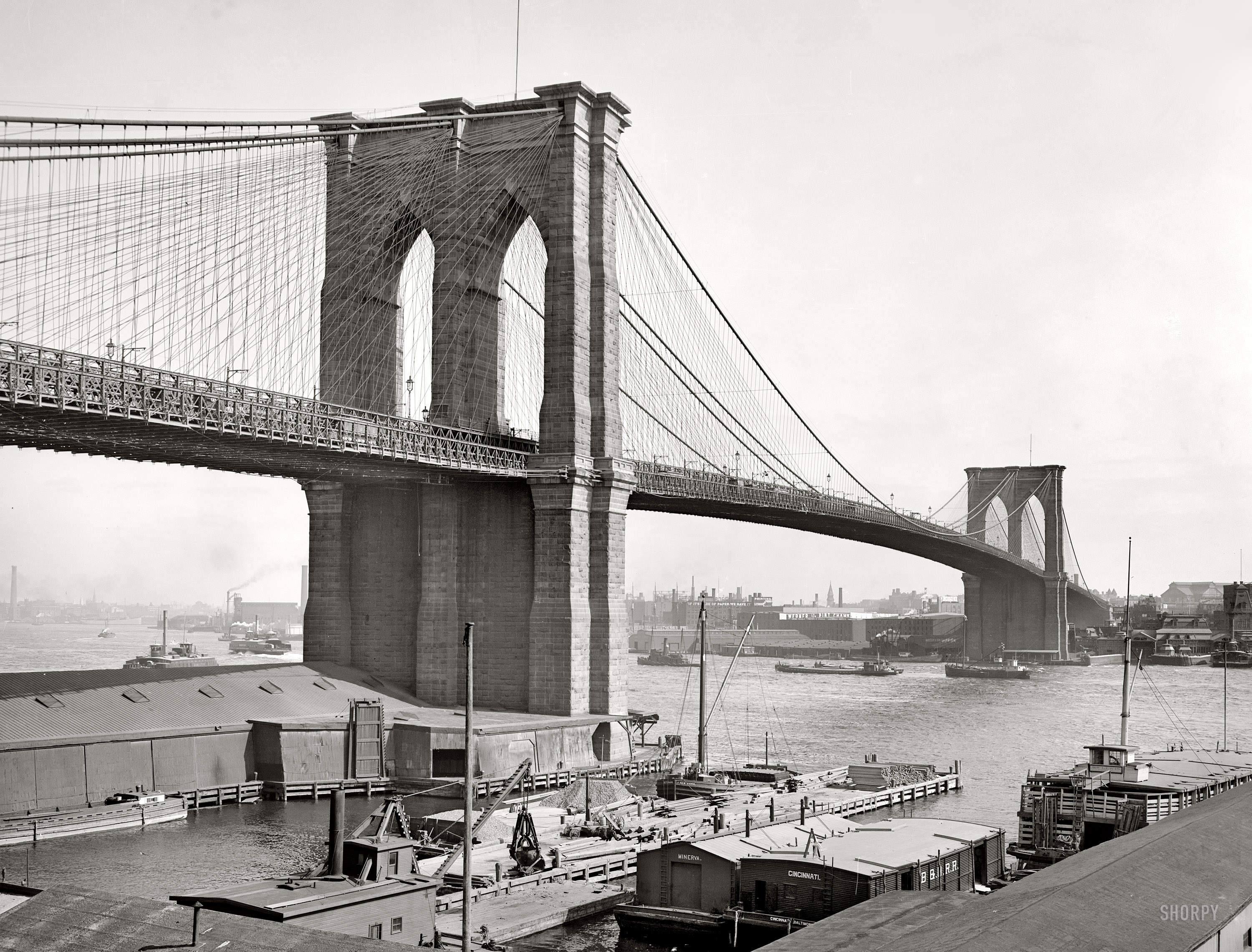 New York circa 1900. "Brooklyn Bridge, East River." 8x10 inch dry plate glass negative, Detroit Publishing Company. View full size.
