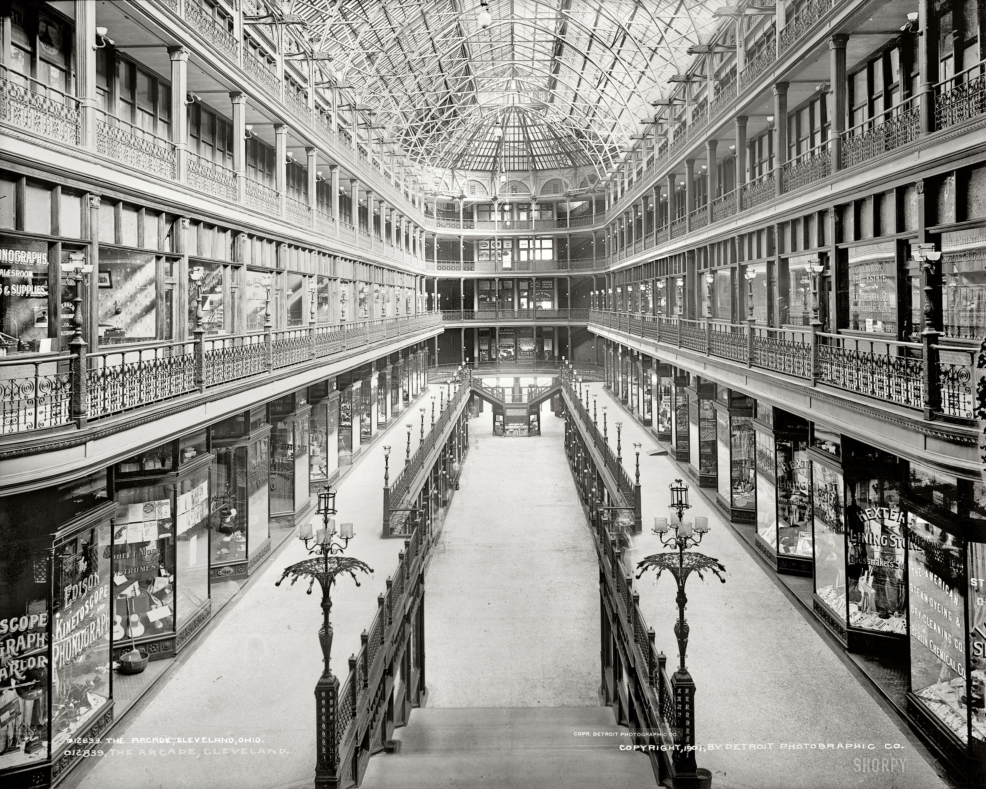 Circa 1901. "The Arcade, Cleveland." Coming soon: Cinnabon and Sunglass Hut. 8x10 dry plate glass negative, Detroit Publishing Company. View full size.