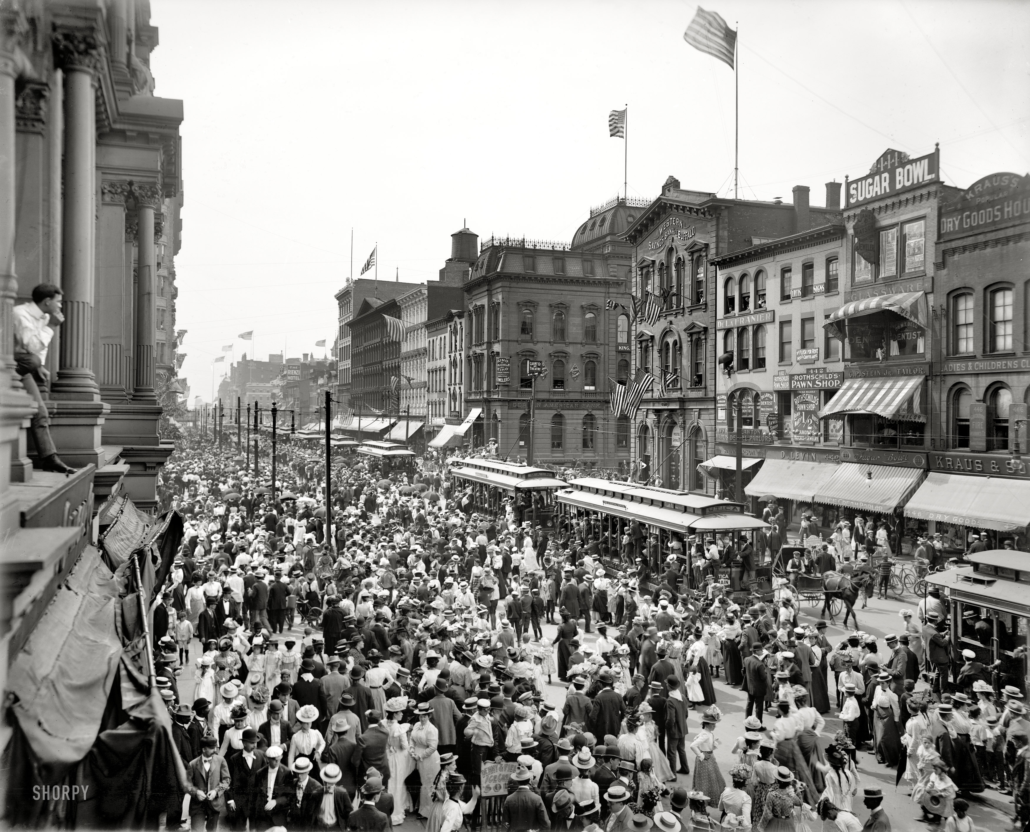 Buffalo, New York, 1900. "Labor Day parade crowd, Main Street." 8x10 inch dry plate glass negative, Detroit Publishing Company. View full size.