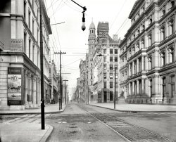 Philadelphia circa 1900. "Chestnut Street from Ninth." On the left, Wanamaker & Brown ("liveries"), and on the right, offices of the Philadelphia Record (a "newspaper"). 8x10 inch glass negative, Detroit Publishing Co. View full size.