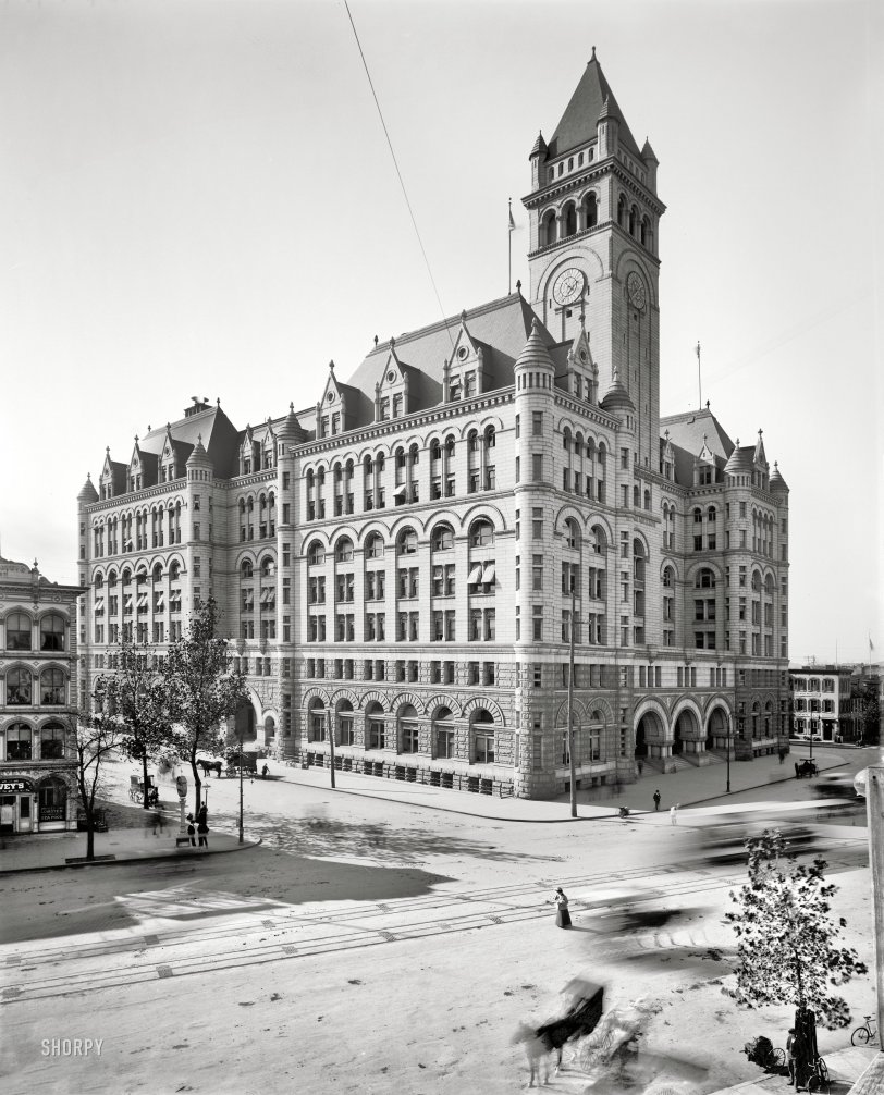 Washington, D.C., circa 1900. "U.S. Post Office, Pennsylvania Avenue." The Old Post Office back when it was new. 8x10 inch glass negative. View full size.
