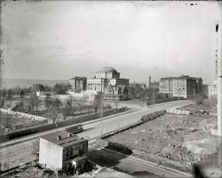 "Columbia College, New York." The Low Memorial Library in a circa 1897 shot of Columbia University's Morningside Heights campus. Note the steamroller (or whatever that is) to the right. Detroit Publishing glass negative. View full size.