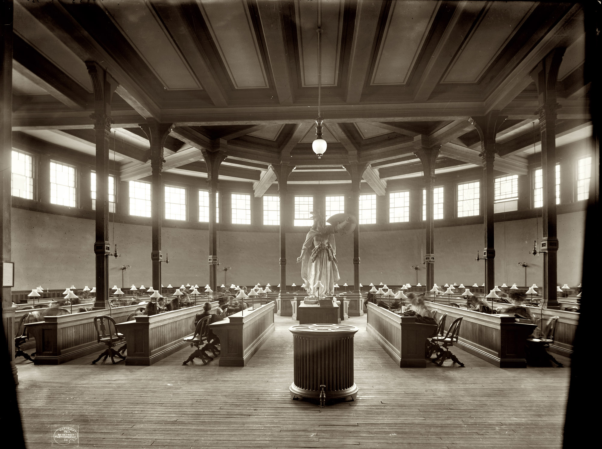 "University of Michigan library reading room, Ann Arbor, 1901." Detroit Publishing Company glass negative, Library of Congress. View full size.