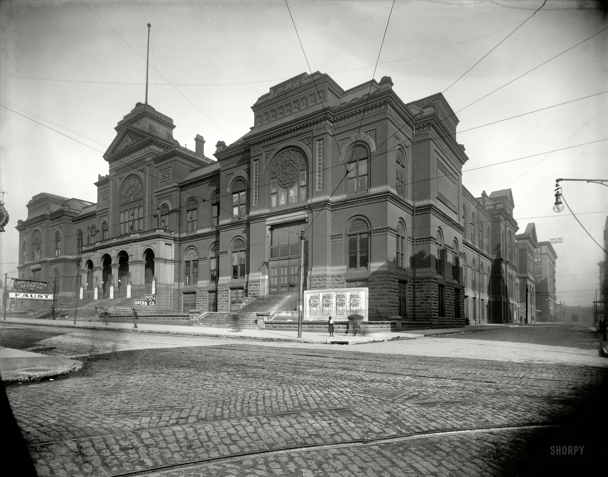 St. Louis, Missouri, circa 1906. "Exhibition Building." Where the Castle Square Opera's production of "Faust" looms large. 8x10 glass negative. View full size.