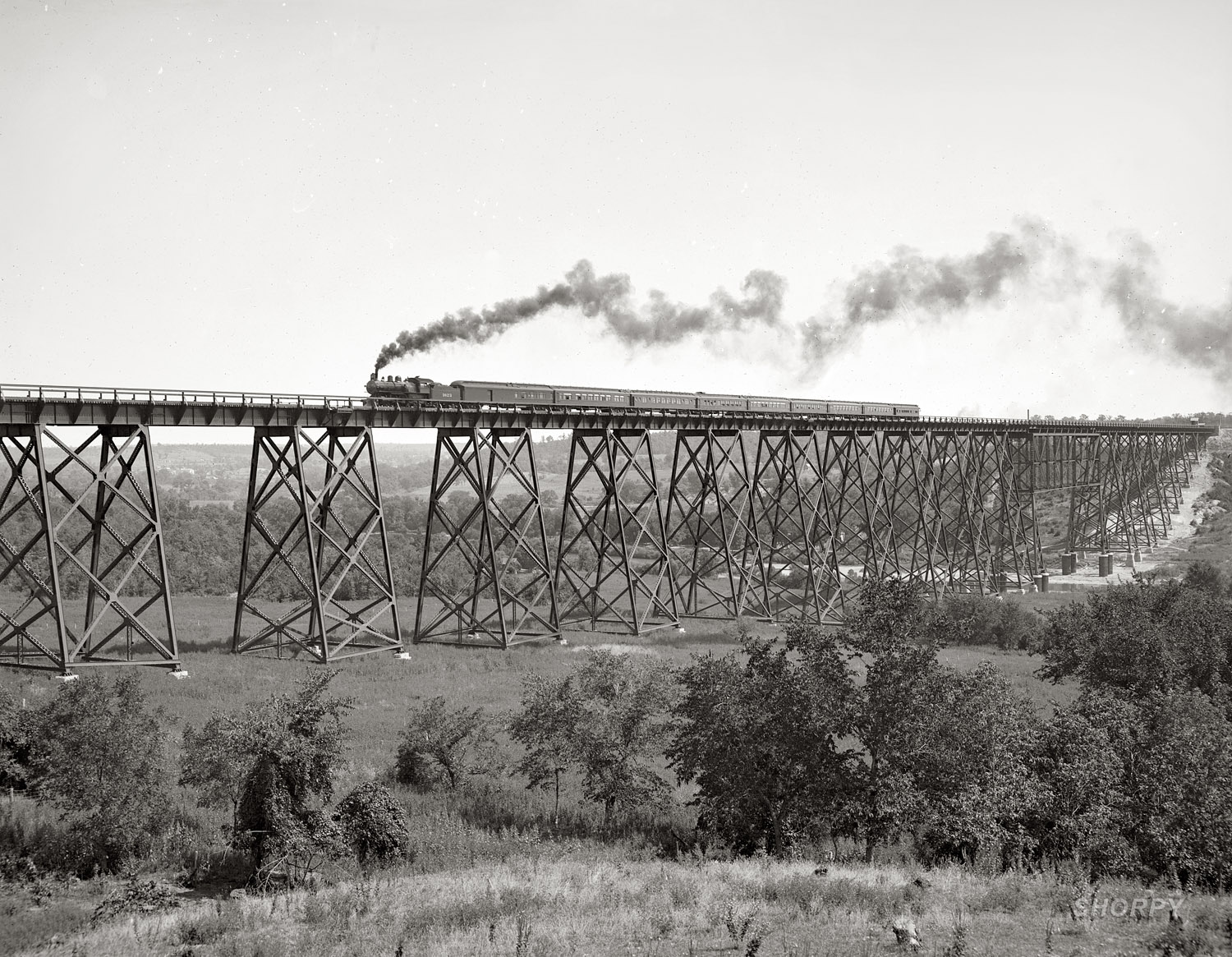 "Chicago & North Western viaduct over Des Moines River near Boone, Iowa" ca. 1902. Photo by William Henry Jackson. Detroit Publishing Co. View full size.