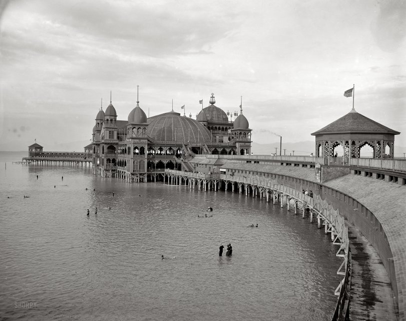 Utah circa 1900. "Saltair Pavilion, Great Salt Lake." 8x10 inch dry plate glass negative by William Henry Jackson, Detroit Publishing Co. View full size.
