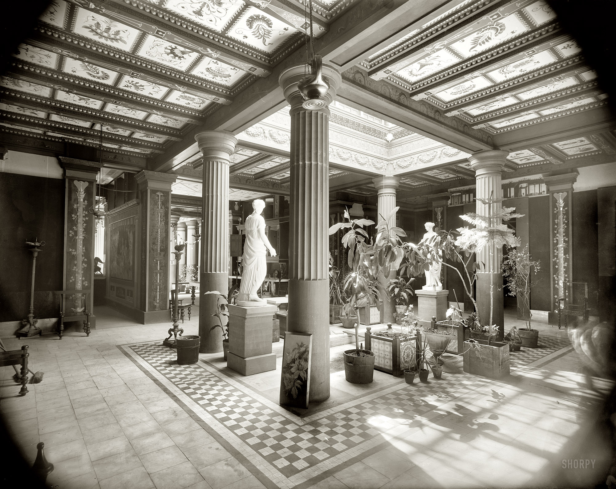 Saratoga Springs, New York, circa 1901. "Atrium in the House of Pansa." Replica of an ancient Roman home at the Pompeia, a museum in the upstate New York resort town of Saratoga Springs offering "Illustrations of History and Art." 8x10 inch dry plate glass negative, Detroit Publishing Company. View full size.