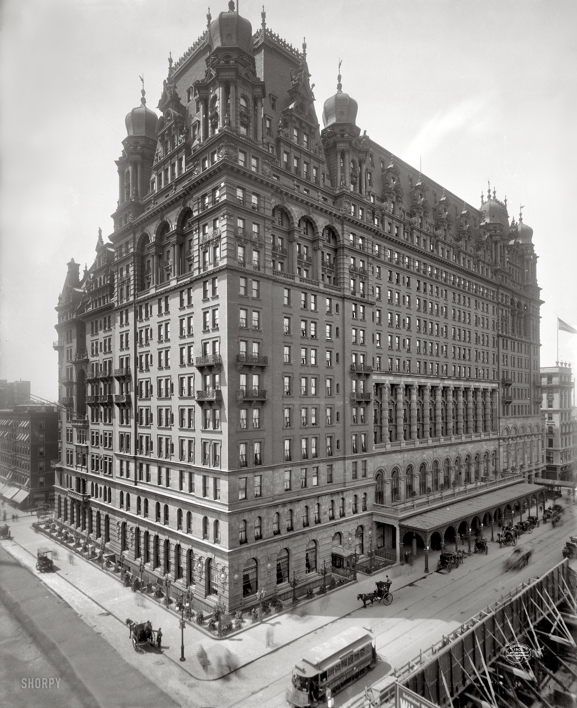 Circa 1902. "The Waldorf-Astoria, New York." The original, and somewhat forbidding, Waldorf at Fifth Avenue and 34th Street. Complete with the obligatory windowsill milk bottle. 8x10 inch dry plate glass negative, Detroit Photographic Company. View full size.