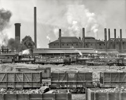 Ensley, Alabama, circa 1906. "Tennessee Coal, Iron & Railroad Co.'s furnaces." 8x10 inch dry plate glass negative, Detroit Publishing Company. View full size.