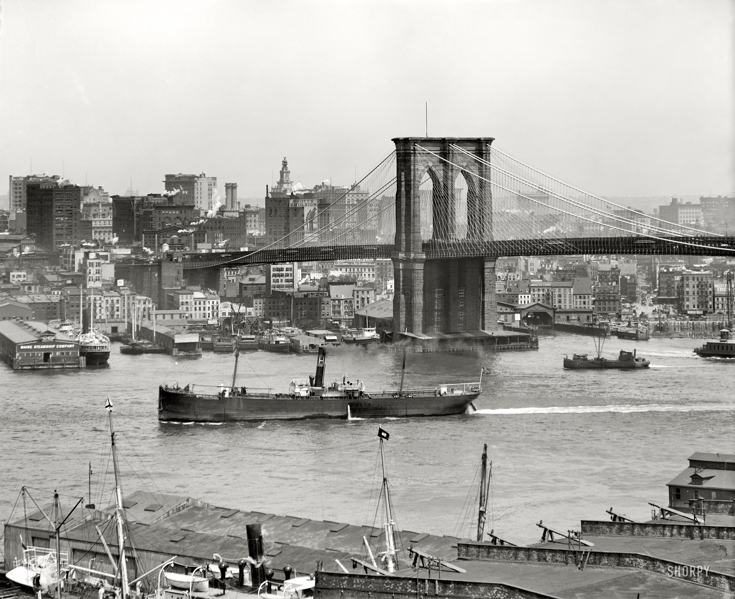 New York circa 1908. "Brooklyn Bridge and Manhattan skyline." 8x10 inch dry plate glass negative, Detroit Publishing Company. View full size.