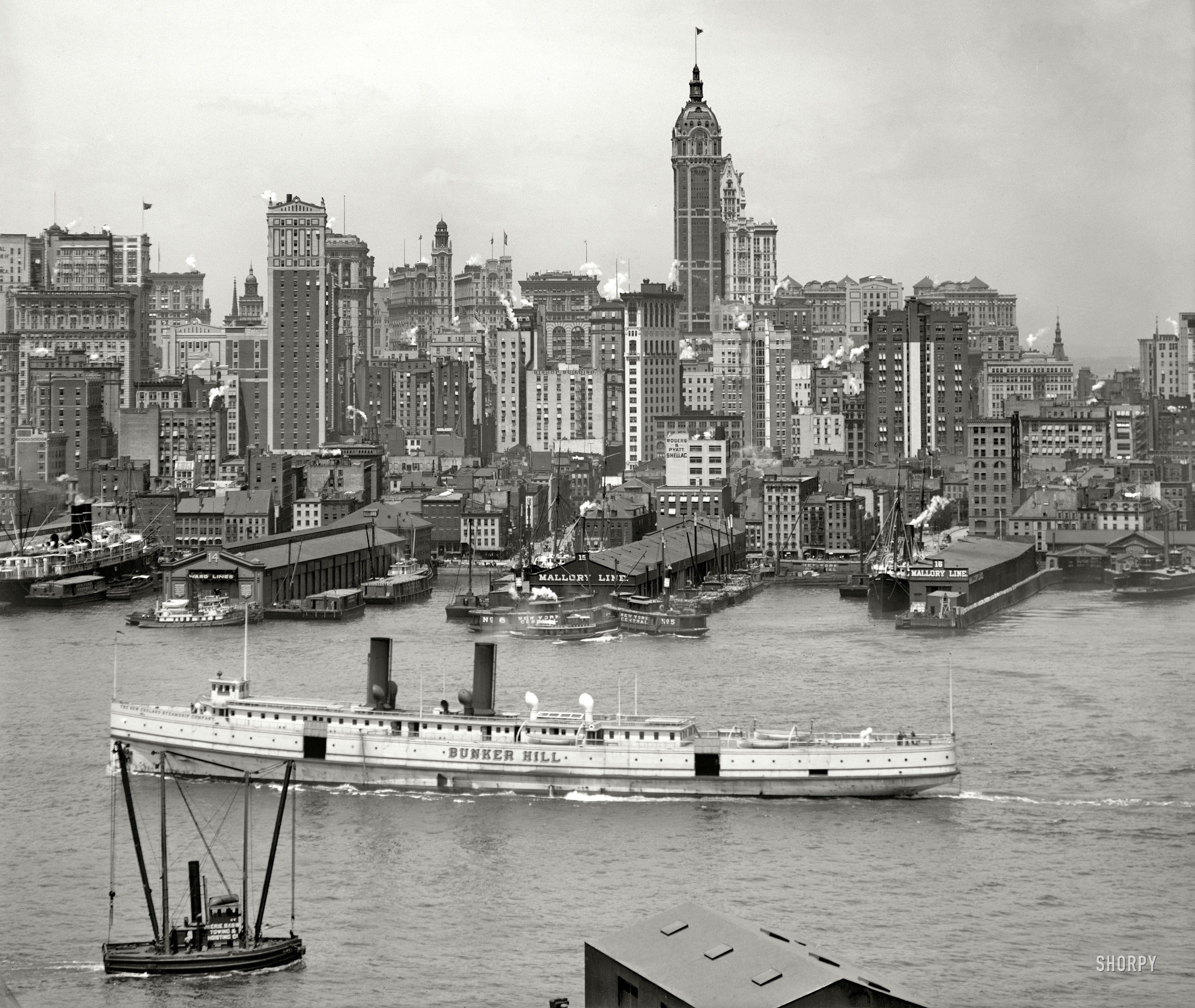 Manhattan circa 1908. "New York skyline." Part of an eleven-section panorama. 8x10 inch dry plate glass negative, Detroit Publishing Company. View full size.