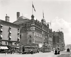 "Long Acre (Times) Square, New York." Now playing: "Follies of 1908." 8x10 inch dry plate glass negative, Detroit Publishing Company. View full size.
Good old 1908Back when the only bombs on Broadway were onstage.
The 1908 BombingActually 1908 wasn't exactly peaceful for New Yorkers when it came to terrorist bombs. On March 28, 1908 Anarchist Selig Cohen (aka Selig Silverstein) threw a bomb at Union Square. The bomb exploded prematurely killing bystander Ignatz Hildebrand and mortally wounding Cohen, who died a month later.
Jardin de ParisAnother fascinating Shorpy pic that you could just step right into. According to IBDB, the Jardin de Paris was a rooftop theater on this building, the structure that looks like a greenhouse.
I guess Nora Bayes would have been the headliner in the Follies of 1908.
What kind of cool am I?Just to the left of the big marquee is the sign "Cool Carle Comedy." I'm wondering what the "cool" refers to: the temperature inside the theater, the actor, or the play. I thought the use of the word to mean "terrific" or "fashionable" didn't start until the 1930s or so.
A dozen oysters from Rector&#039;s, pleaseSo there's the famous Rector's Restaurant next to the Hotel Cadillac! I'll have a plate of oysters, please! Is this a view looking south on Broadway at about 45th Street? 
After the showWe can go to Rector's for a bottle and a bird!
Public transportLook at the lady, jumping out of the streetcar. What would she say to the low-floor trams of today?
Shine On, Harvest MoonThe "Follies of 1908" was the only the second of Florenz Ziegfelds's long series of musical reviews to use this name. The show ran for 120 performances and was well received, although its performers, songs and skits are now almost completely forgotten. "Almost," because the show also introduced the song "Shine On, Harvest Moon," sung by Nora Bayes and her second husband, Jack Norworth, who were also the song's composers. And, the actress Mae Murray, later a major silent film star, also appeared in this edition of the Follies.

I See Smoke!Coming from that horse wagon on the left!
Clever ClothesI need some.
About 10 blocks downyou can see Macy's at 34th Street.
Richard Carle"Mary's Lamb" (1915) was the third of his 135 films.  I guess the film of "Follies of 1908" got lost at the drug store.  
Scratch scratchWhy might someone have been trying to remove the lamp posts from the right side of this photo? Or is this some photography thing I don't understand? 
[Detroit Photo did that on glass plates that were part of a panorama. The idea seems to have been to get rid of things that don't match up on the edge that overlaps with the next plate. Whatever the reason, it is kind of annoying. - Dave]
Balancing actThere's undoubtedly some hidden additional support for that rooftop cistern, but still, it looks like the kind of thing I used to do when erecting structures with building blocks, with the intention of causing a catastrophic collapse by means of a mere nudge.
Interior shot of RectorsI can find a couple on Ephemeral New York, but they're both small and blurry. They don't give a good sense of what a meal there was like. Anyone know of a Shorpy-sized image or two? Actually, restaurant interiors would be a good addition to this blog. People reveal a lot about themselves at meal times.
(The Gallery, DPC, NYC, Streetcars)