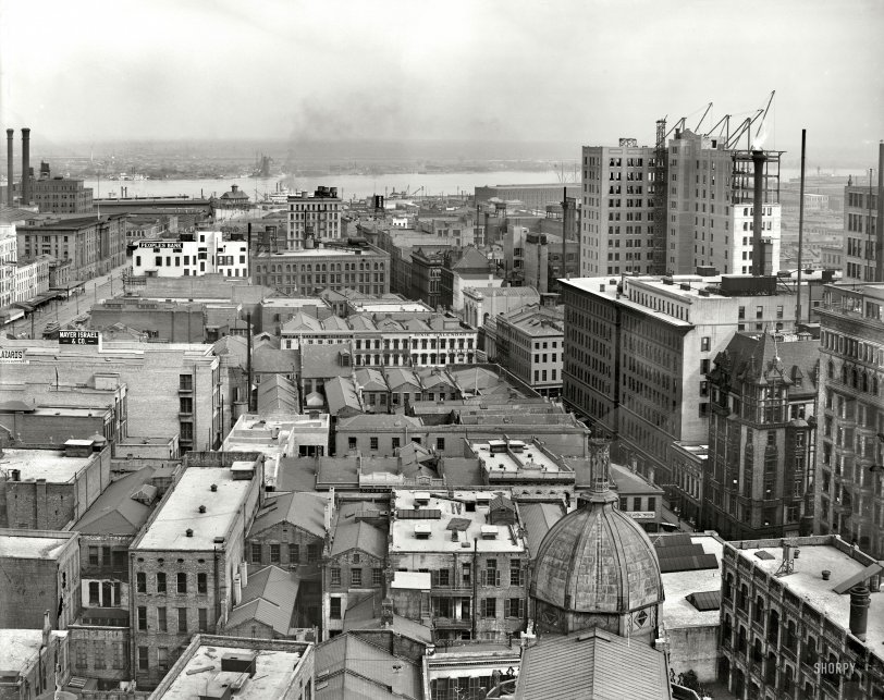Circa 1910. "New Orleans and Mississippi River from Hotel Grunewald." The business side of the Big Easy. Detroit Publishing glass negative. View full size.
