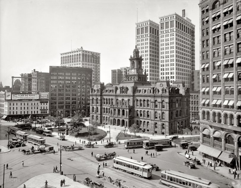The Motor City circa 1915. "Campus Martius, Detroit." With the Dime Savings Bank rising behind City Hall. Detroit Publishing glass negative. View full size.
