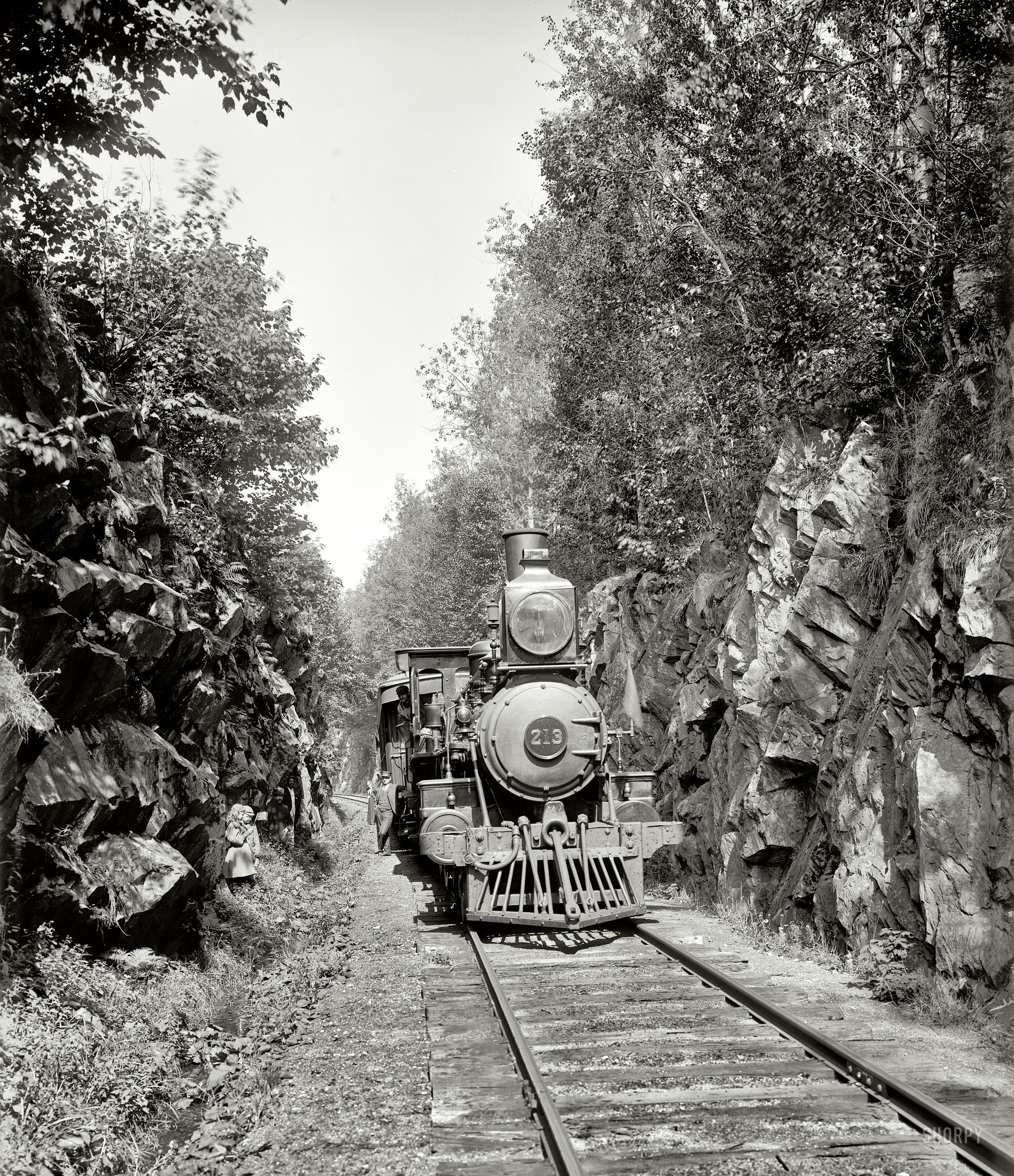 Vermont circa 1904. "Summit Cut, Green Mountains." I see seven eight people here. 8x10 inch dry plate glass negative, Detroit Publishing Co. View full size.