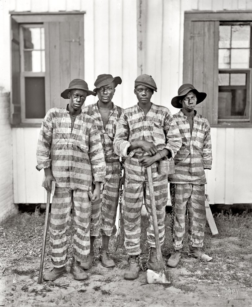 Circa 1905, somewhere in the American South. "A Southern chain gang." 8x10 inch dry plate glass negative, Detroit Publishing Company. View full size.
