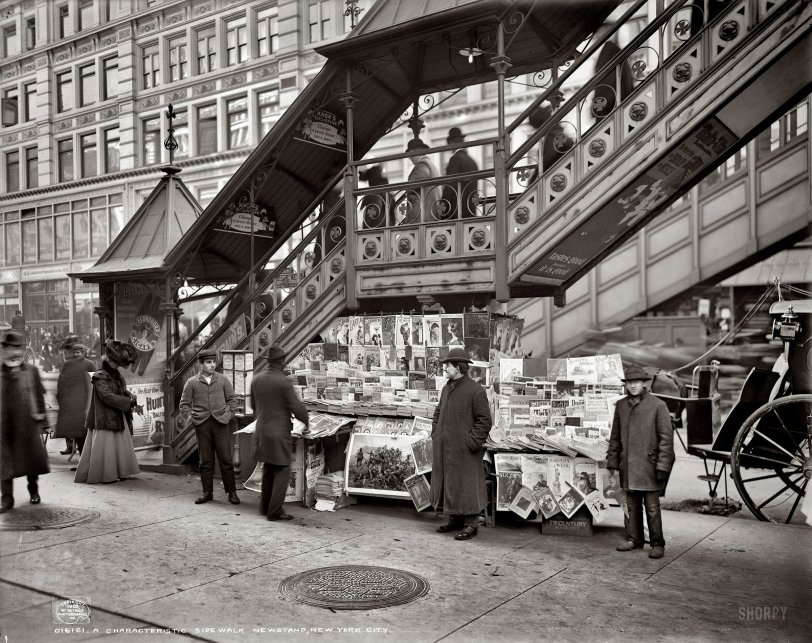 New York circa 1903. "A characteristic sidewalk newsstand." Who can help us date these period periodicals? Detroit Publishing glass negative. View full size.
