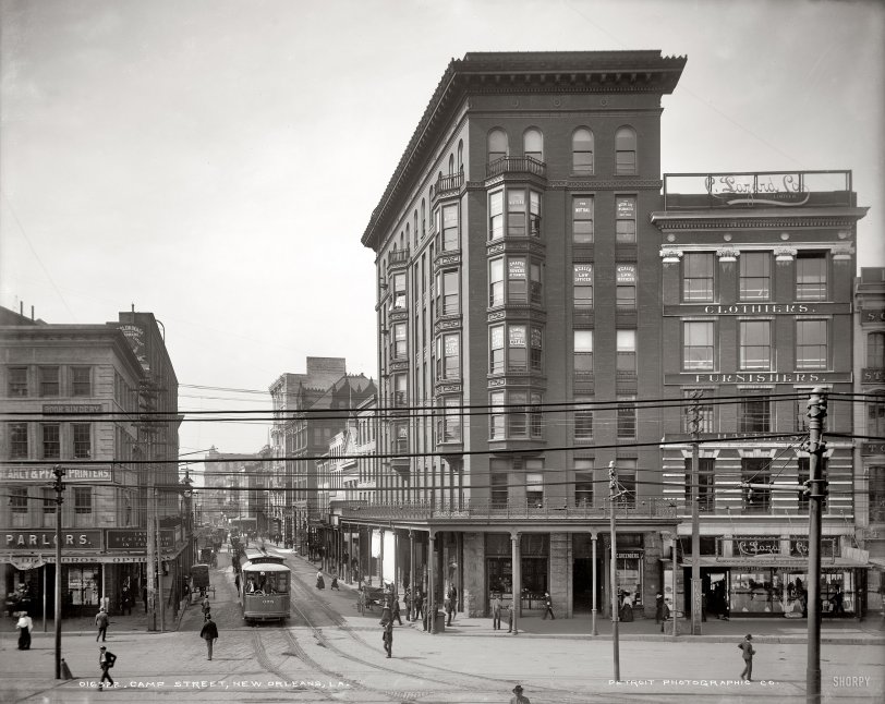 New Orleans circa 1905. "Camp Street." A different perspective on the previously posted view along Canal Street. Detroit Publishing glass negative. View full size.
