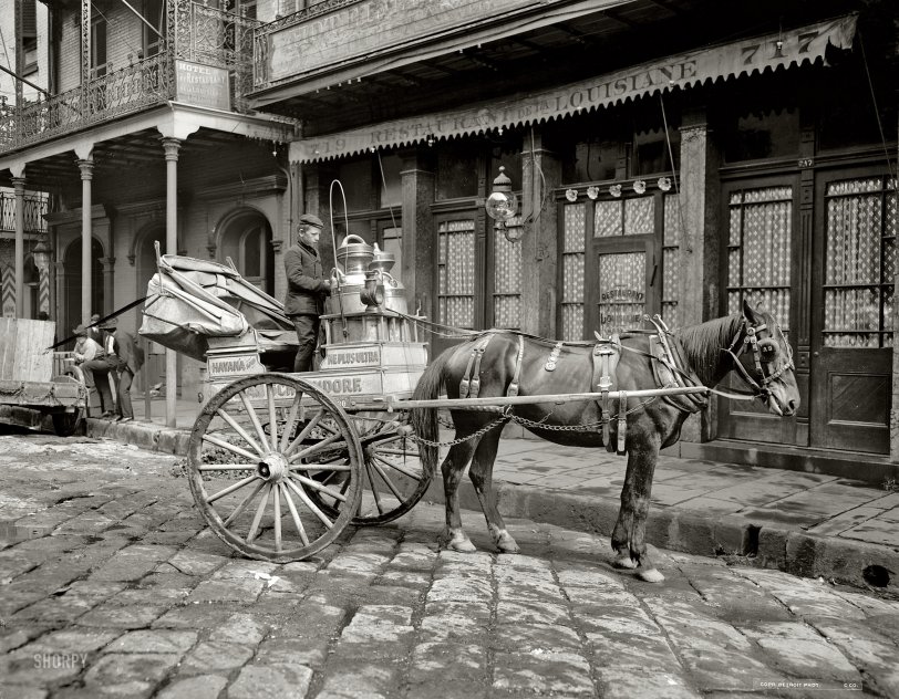 Circa 1903. "A New Orleans milk cart." With a one-horsepower motor. 8x10 inch dry plate glass negative, Detroit Publishing Company. View full size.
